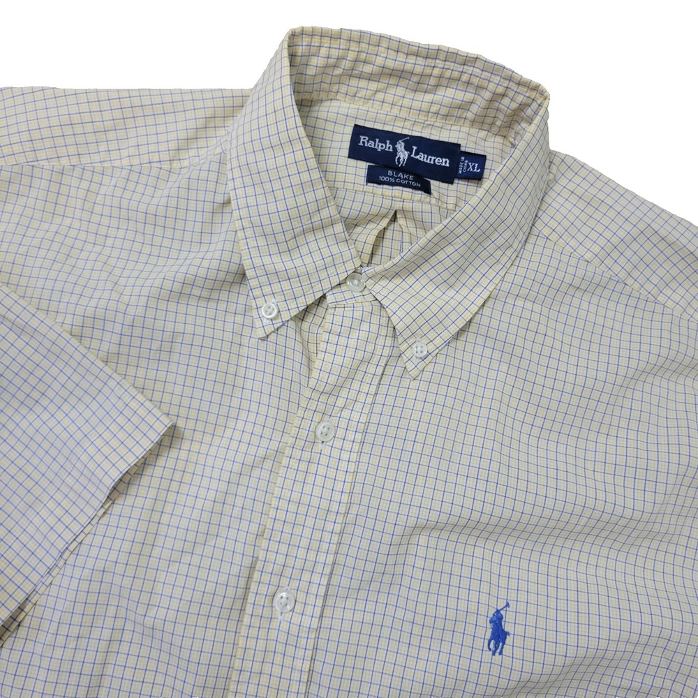 Vintage Ralph Lauren Blake Mens XL Yellow Blue Plaid Check Pony Button Down SS